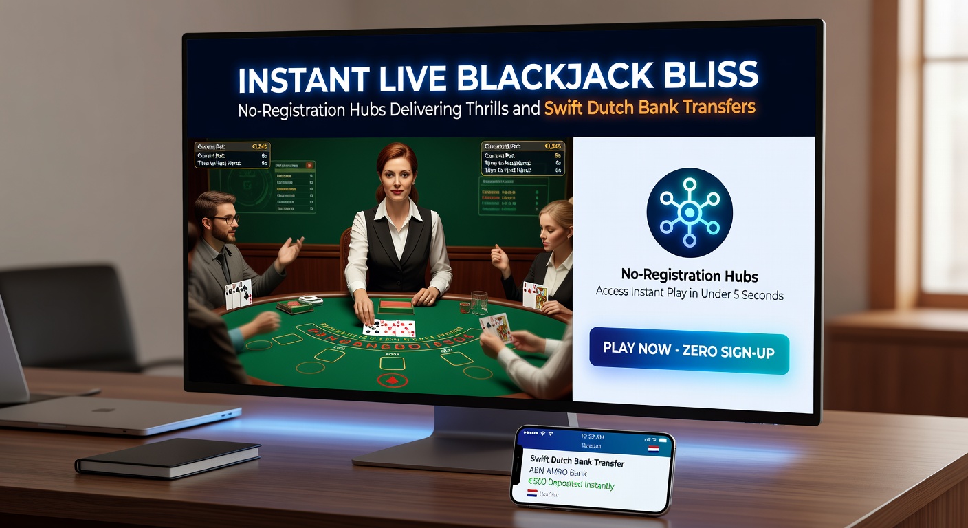 Live blackjack tafel met dealer en kaarten in actie op een no-registration platform, spelers zien directe bankoverschrijvingen op het scherm