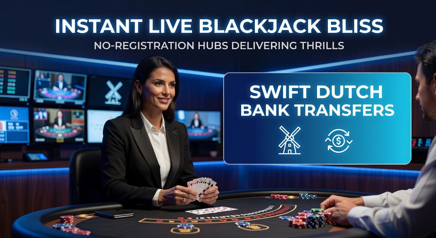 Mobiele interface van een no-registration live blackjack app met dealer close-up, bankoverschrijving bevestigd en chips op tafel